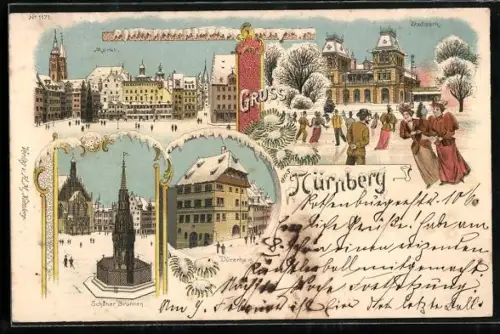Winter-Lithographie Nürnberg, Schöner Brunnen, Dürerhaus, Schlittschuhläufer im Stadtpark