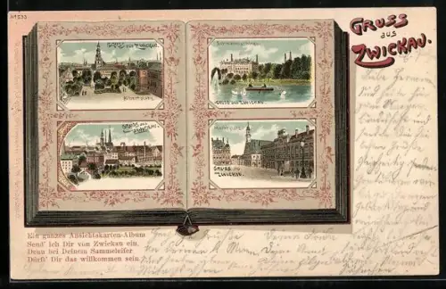 Lithographie Zwickau, Alberplatz und Schwanenschloss als AK`s im AK-Album