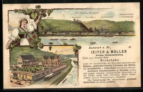 Lithographie Bacharach a. Rh., Restaurant und Weingrosshandlung Jeiter & Müller, Panorama mit Dampferlandestelle