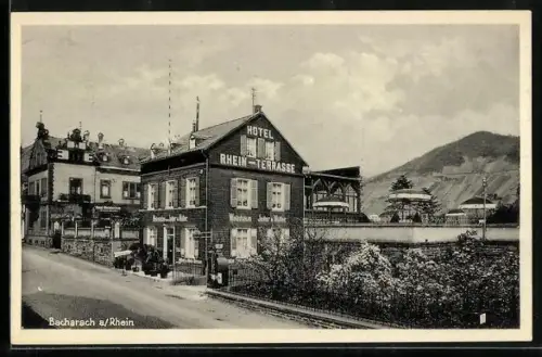 AK Bacharach a. Rhein, Hotel Rheinterrasse und Weinstube, Inh. Jeiter & Müller, Koblenzer Str. 16