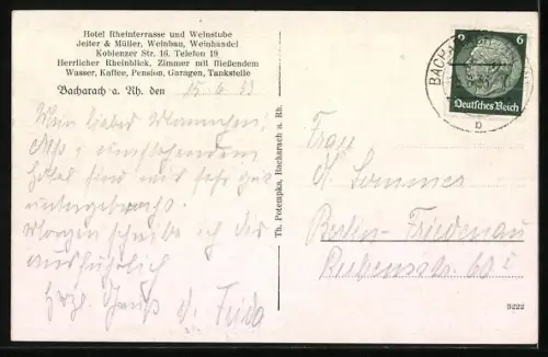 AK Bacharach a. Rhein, Hotel Rheinterrasse und Weinstube, Inh. Jeiter & Müller, Koblenzer Str. 16