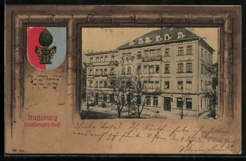 AK Augsburg, Hotel Bamberger Hof, Passepartout mit Stadtwappen