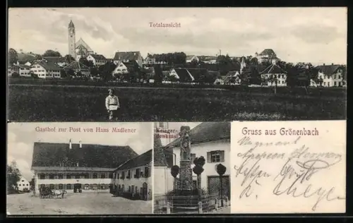 AK Grönenbach, Gasthof zur Post von Hans Madlener, Kriegerdenkmal, Totalansicht