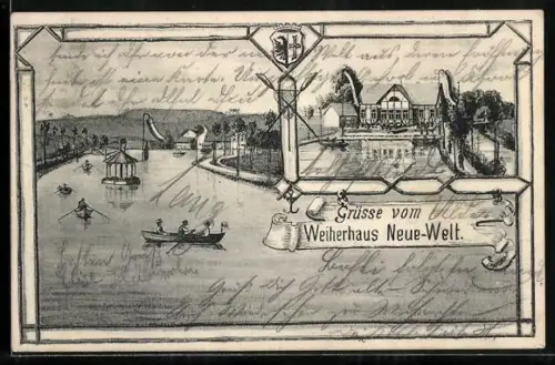 Künstler-AK Memmingen, Gasthof Weiherhaus Neue-Welt mit Ruderern