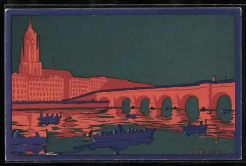 Steindruck-AK Frankfurt a. M., Panorama mit Kaiserdom St. Bartholomäus und Mainbrücke