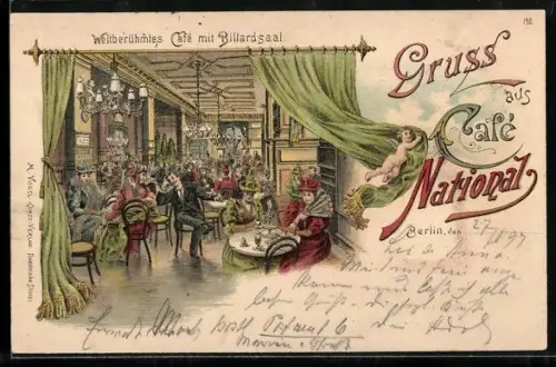 Lithographie Berlin, Friedrichstrasse Ecke Jägerstrasse Cafe National, Innenansicht