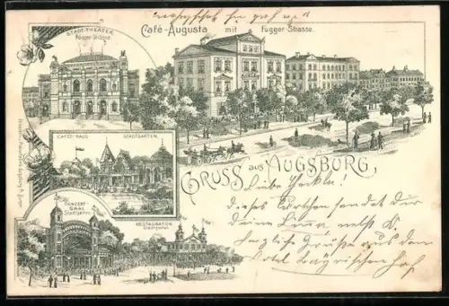 Lithographie Augsburg, Café-Augusta, Stadt-Theather Rügger-Strasse, Concert-Saal Stadtgarten