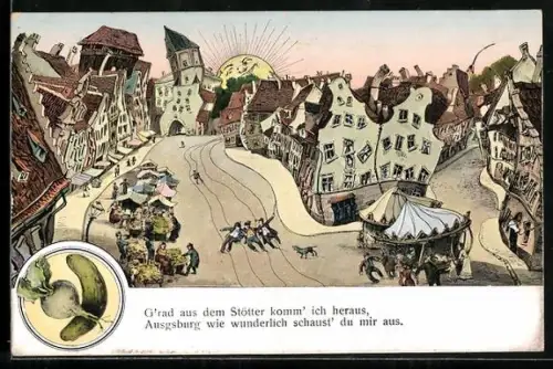 AK Augsburg, Jakober Kirchweih, Strasse aus der Sicht eines Betrunkenen