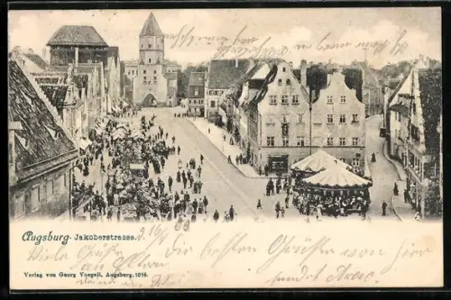 AK Augsburg, Jakoberstrasse zur Jakoberkirchweih mit Karussell