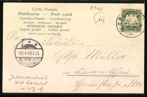 AK Augsburg, Jakoberstrasse zur Jakoberkirchweih mit Karussell