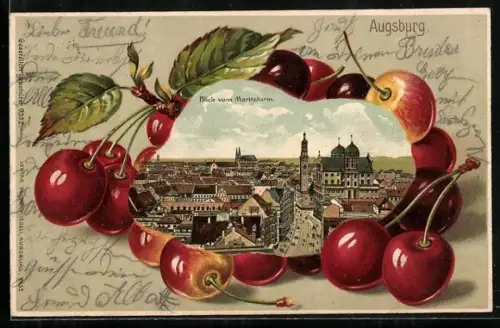 Passepartout-Lithographie Augsburg, Blick vom Moritzturm im Passepartout aus Kirschen