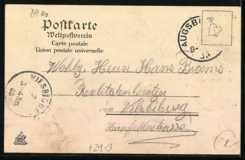 Passepartout-Lithographie Augsburg, Blick vom Moritzturm im Passepartout aus Kirschen