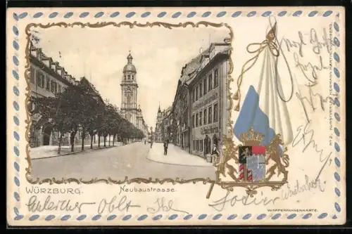 Passepartout-Lithographie Würzburg, Partie in der Neubaustrasse mit Wappen und Stadtfahne