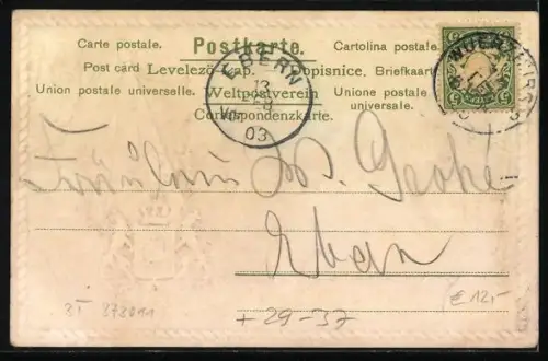 Passepartout-Lithographie Würzburg, Partie in der Neubaustrasse mit Wappen und Stadtfahne