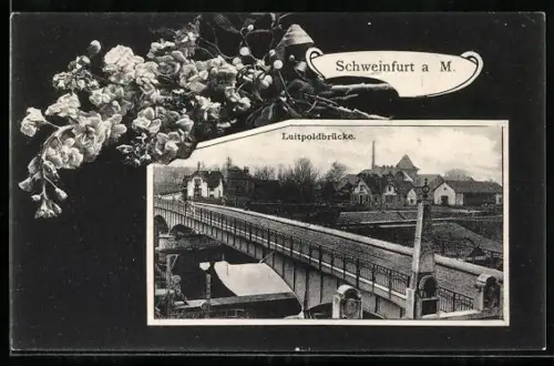 Grusskarten-AK Schweinfurt a. M., Luitpoldbrücke mit Blumen im Passepartout