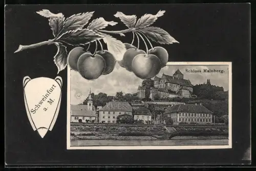 Grusskarten-AK Schweinfurt a. M., Schloss Mainberg mit Kirschen im Passepartout