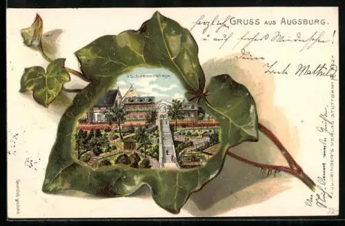 Passepartout-Lithographie Augsburg, Partie an der Schwedenstiege mit Efeublatt