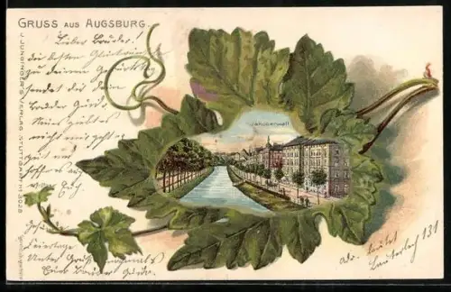 Passepartout-Lithographie Augsburg, Partie am Jakoberwall im Weinblattpassepartout