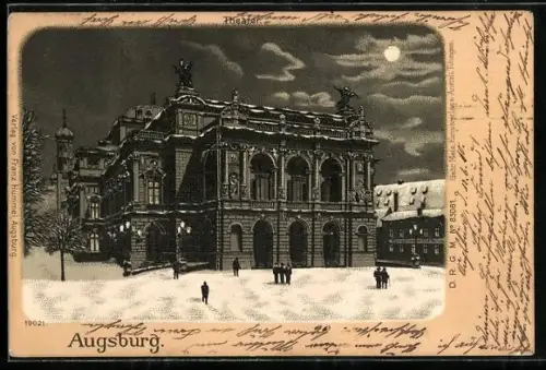 Winter-Lithographie Augsburg, Winterliches Theater bei Nacht