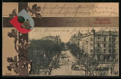 Passepartout-Lithographie Augsburg, Partie an der Bahnhofstrasse mit Stadtwappen im Passepartout