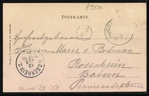 Passepartout-Lithographie Augsburg, Partie an der Bahnhofstrasse mit Stadtwappen im Passepartout