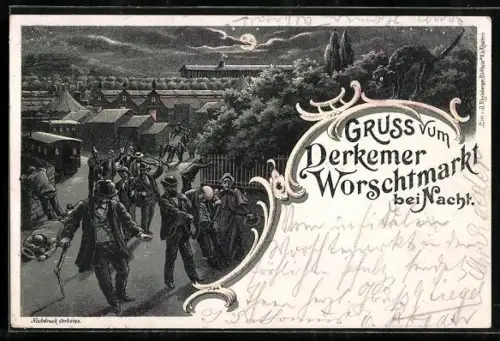 Lithographie Bad Dürkheim, Volksfest Dürkheimer Wurstmarkt, Besucher bei Nacht