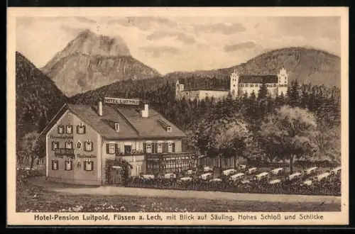 Künstler-AK sign. Hans Pernat: Füssen a. Lech, Hotel-Pension Luitpold, Bes. L. Bauer