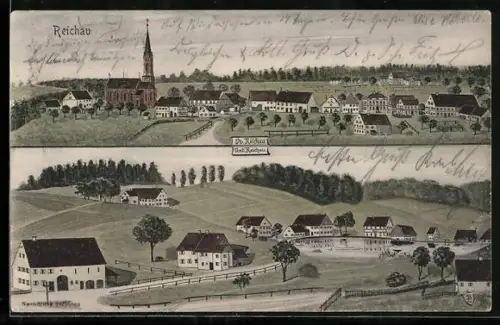 Künstler-AK sign. Hans Pernat: Reichau, Gesamtansicht mit Kirche und Umgebung