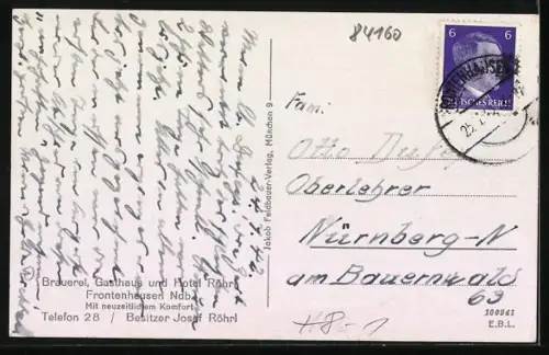 AK Frontenhausen /Ndb., Braurerei, Gasthaus und Hotel Röhlr, Bes. Josef Röhrl