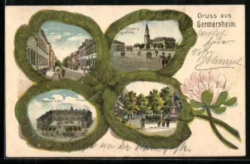 Passepartout-Lithographie Germersheim, Kloster und Kasernen, Strassenpartien und Kaserne Zoller, Kleeblatt-Passepartout