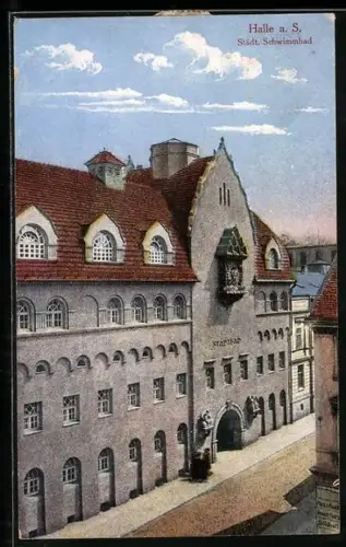 AK Halle / Saale, Strassenpartie am Städtischen Schwimmbad