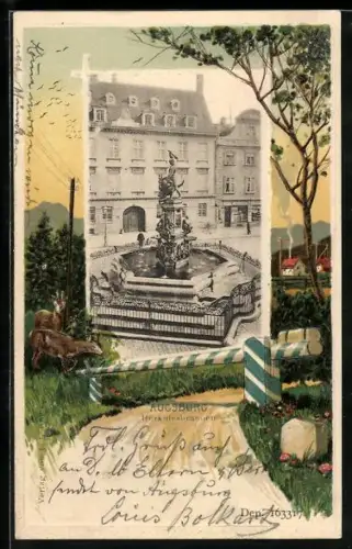 Passepartout-Lithographie Augsburg, Herkulesbrunnen im geprägten Rahmen