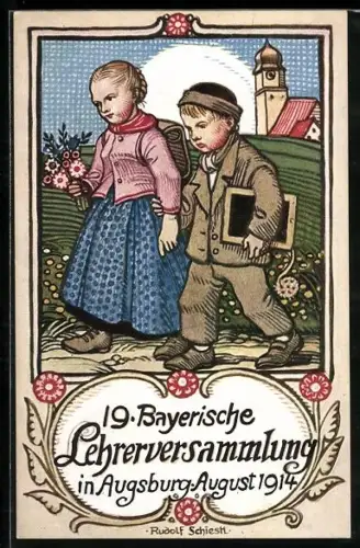 Künstler-AK Rudolf Schiestl: Augsburg, 19. Bayerische Lehrerversammlung 1914, Schulkinder auf dem Heimweg