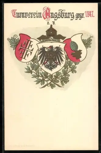 Künstler-AK Augsburg, Turnverein Augsburg, Gegr. 1847, Wappen