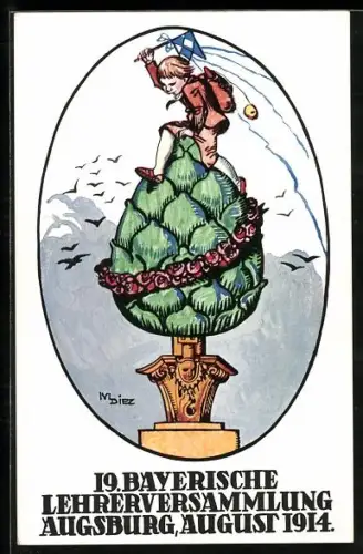 Künstler-AK sign. Diez: Augsburg, 19. Bayerische Lehrerversammlung 1914, Schüler mit kleiner Fahne