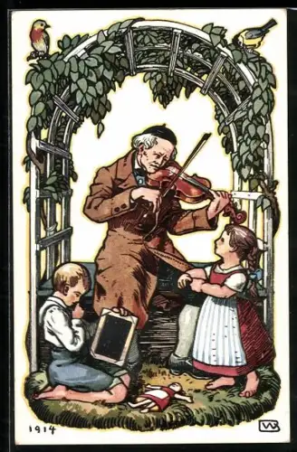 Künstler-AK Augsburg, 19. Bayerische Lehrerversammlung 1914, Musiklehrer spielt Violine, Kinder mit Schiefertafel