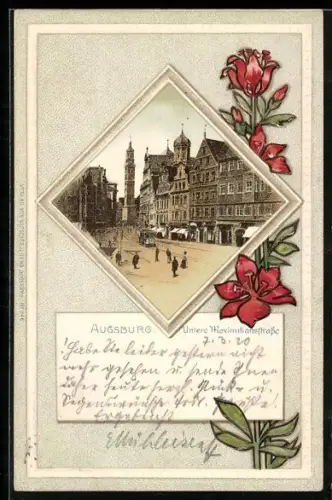 Lithographie Augsburg, Untere Maximilianstrasse, rote Blumen
