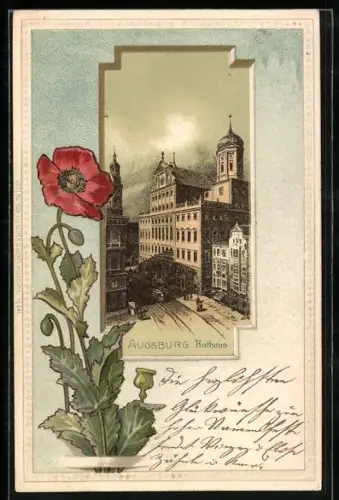 Passepartout-Lithographie Augsburg, Rathaus mit Strassenbahn, Mohnblume