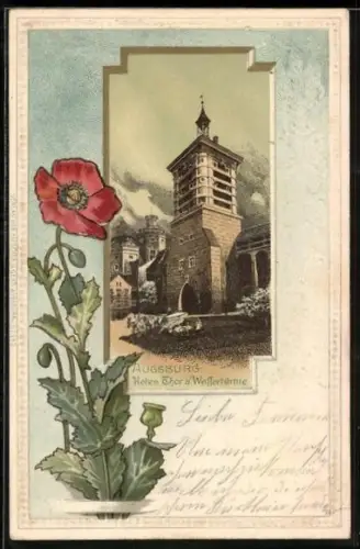 Passepartout-Lithographie Augsburg, Rotes Thor und Wassertürme, Mohnblume