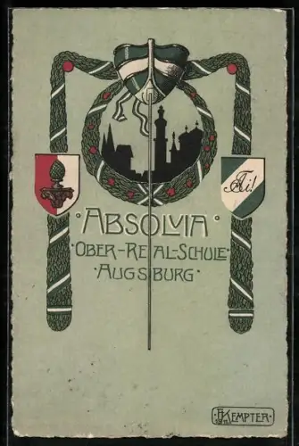 Künstler-AK Augsburg, Absolvia Ober-Real-Schule, Stadtsilhouette, Wappen