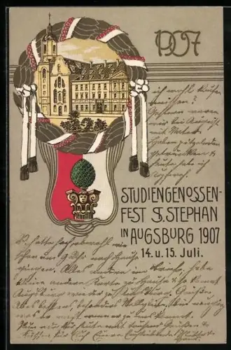 Künstler-AK Augsburg, Studiengenossenfest St. Stephan 1907, Rathaus, Wappen, Absolvia
