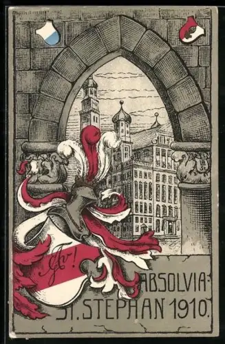 Künstler-AK Augsburg, St. Stephan, Absolvia 1910, Rathaus, Ritterhelm mit Studentenwappen, Passepartout