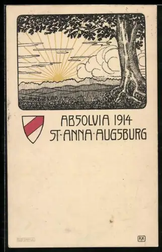 Künstler-AK Augsburg, Absolvia St. Anna 1914, Ortspartie, Wappen