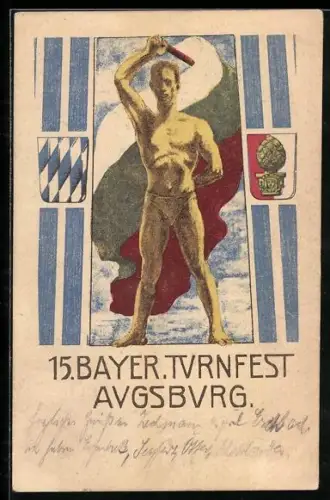 Künstler-AK Augsburg, 15. Bayer. Turnfest 1922, Turner mit Fahne