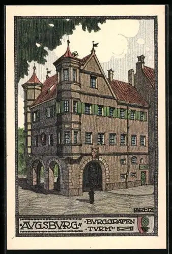 Steindruck-AK Augsburg, 31 Bundesfest des Deutschen Radfahrer-Bundes 1914, Burggrafen-Turm