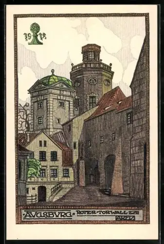 Künstler-AK Augsburg, 31. Bundesfest des Deutschen Radfahrer-Bundes 1914, Roter Torwall