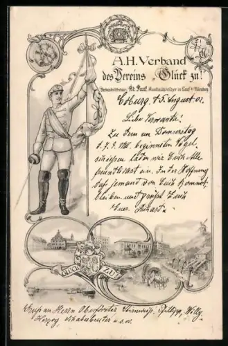 Lithographie Dippoldiswalde, A. H. Verband des Veiens Glück zu!, Müllerschule, Marktplatz, Student mit Fahne