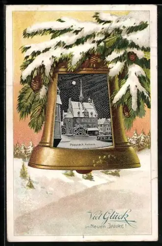 Passepartout-Lithographie Pössneck, Rathaus bei Mondschein im Winter, Glocke