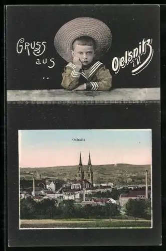 Grusskarten-AK Oelsnitz / Vogtland, Teilansicht mit Kirche, Junge im Matrosenhemd