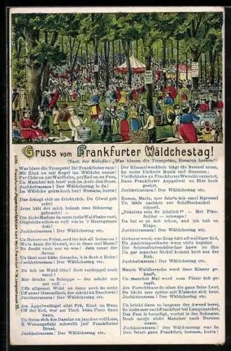 Lithographie Frankfurt-Niederrad, Frankfurter Wäldchestag, Volksfest und Lied in Text